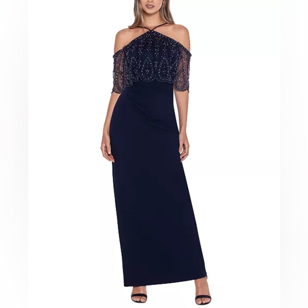 XSCAPE Beaded Cold Shoulder Gown